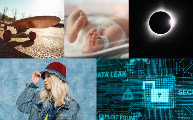 A collage image showing a skateboard, newborn baby, solar eclipse, bucket hat, and technology